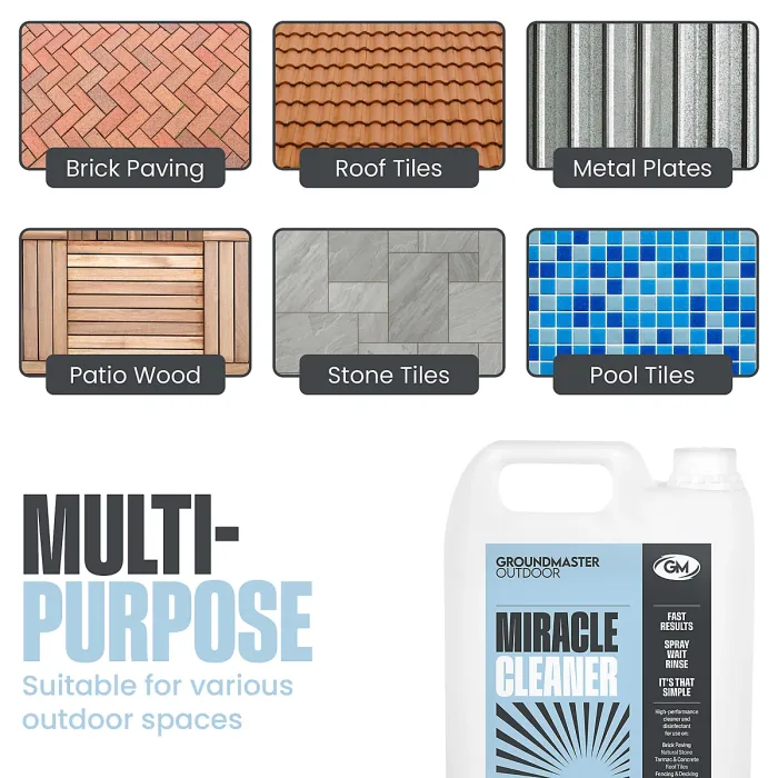 GROUNDMASTER 4 x 5L Miracle Patio Cleaner High Performance Decking Concrete Fence Roof Algae Remover Spray and Leave Moss Killer