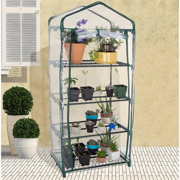 Taylor & Brown 4 Tier Greenhouse with Shelves, Weatherproof PVC Cover, RollUp Door, Compact Garden Grow House, Easy Assembly