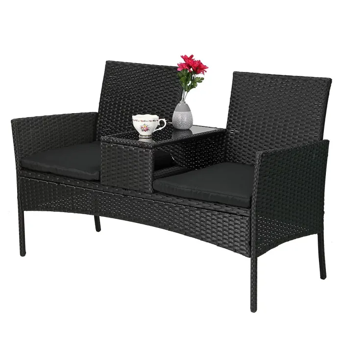 Taylor & Brown Rattan 2-Seater Love Seat with Glass Tabletop & Cushions, Ideal for Patio, Balcony, or Outdoor Spaces (Black/Black)