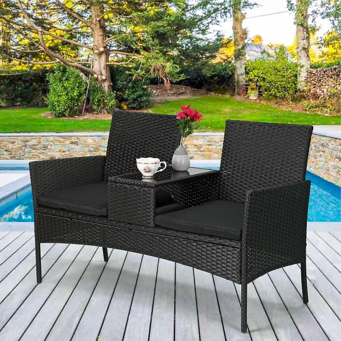 Taylor & Brown Rattan 2-Seater Love Seat with Glass Tabletop & Cushions, Ideal for Patio, Balcony, or Outdoor Spaces (Black/Black)