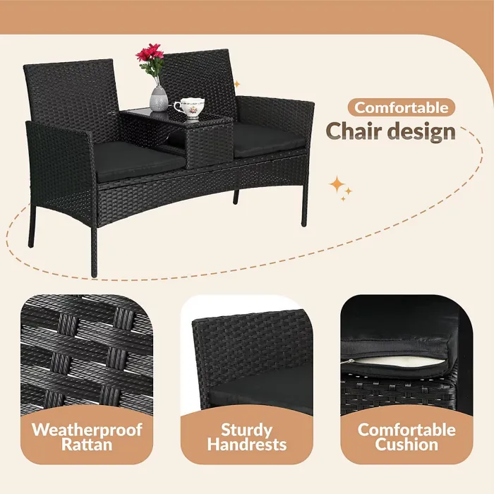 Taylor & Brown Rattan 2-Seater Love Seat with Glass Tabletop & Cushions, Ideal for Patio, Balcony, or Outdoor Spaces (Black/Black)