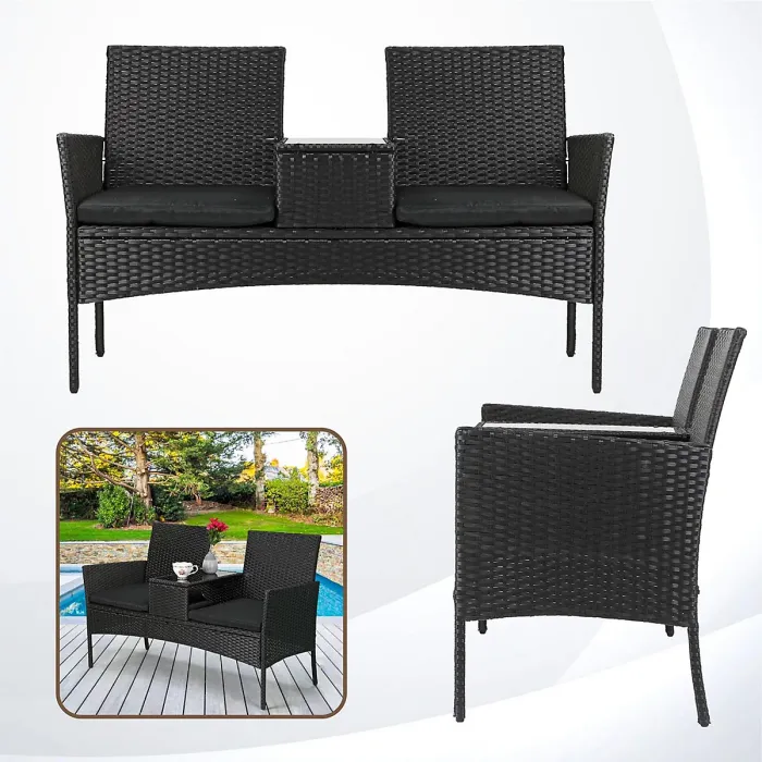 Taylor & Brown Rattan 2-Seater Love Seat with Glass Tabletop & Cushions, Ideal for Patio, Balcony, or Outdoor Spaces (Black/Black)