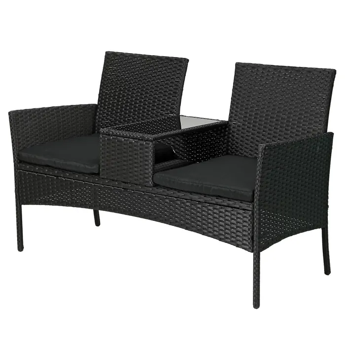 Taylor & Brown Rattan 2-Seater Love Seat with Glass Tabletop & Cushions, Ideal for Patio, Balcony, or Outdoor Spaces (Black/Black)
