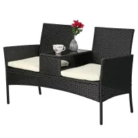 Taylor & Brown Rattan 2-Seater Love Seat with Glass Tabletop & Cushions, Ideal for Patio, Balcony, or Outdoor Spaces (Black/Beige)