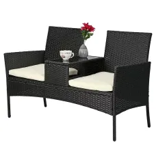 Taylor & Brown Rattan 2-Seater Love Seat with Glass Tabletop & Cushions, Ideal for Patio, Balcony, or Outdoor Spaces (Black/Beige)