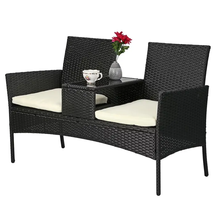 Taylor & Brown Rattan 2-Seater Love Seat with Glass Tabletop & Cushions, Ideal for Patio, Balcony, or Outdoor Spaces (Black/Beige)