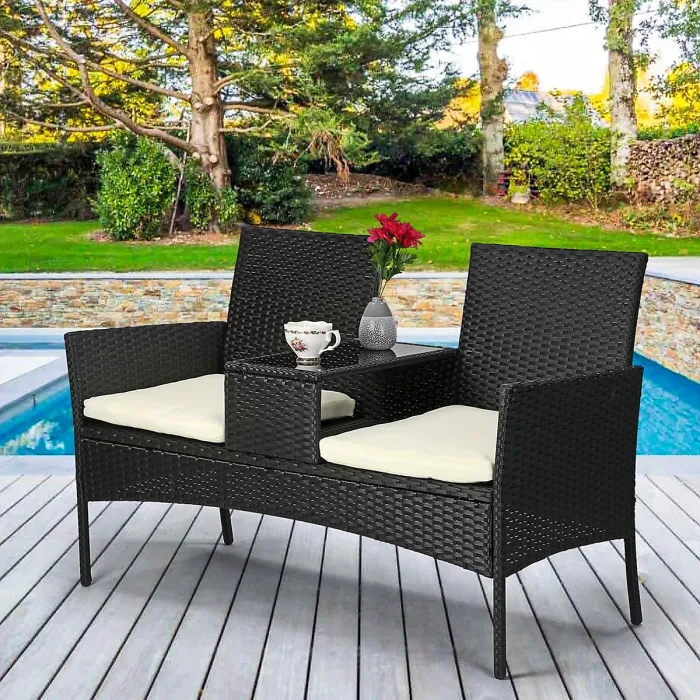Taylor & Brown Rattan 2-Seater Love Seat with Glass Tabletop & Cushions, Ideal for Patio, Balcony, or Outdoor Spaces (Black/Beige)