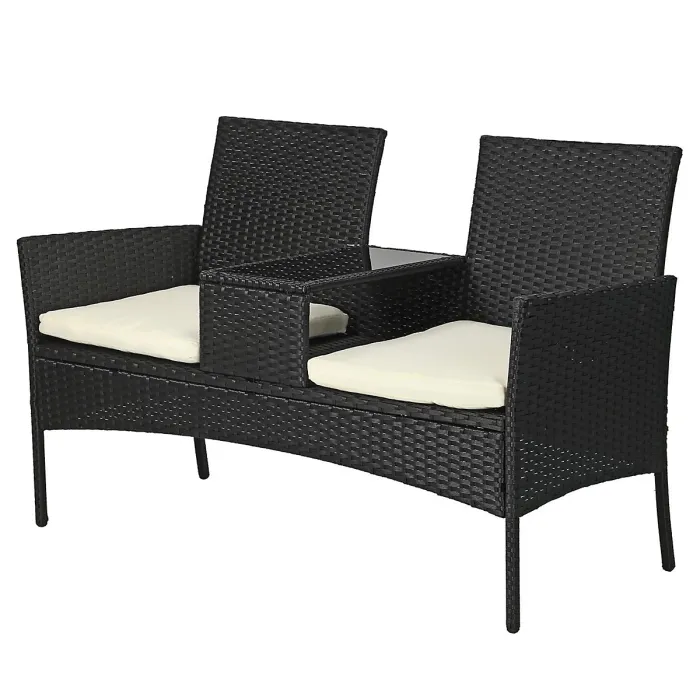 Taylor & Brown Rattan 2-Seater Love Seat with Glass Tabletop & Cushions, Ideal for Patio, Balcony, or Outdoor Spaces (Black/Beige)