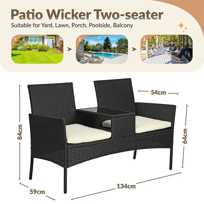Taylor & Brown Rattan 2-Seater Love Seat with Glass Tabletop & Cushions, Ideal for Patio, Balcony, or Outdoor Spaces (Black/Beige)