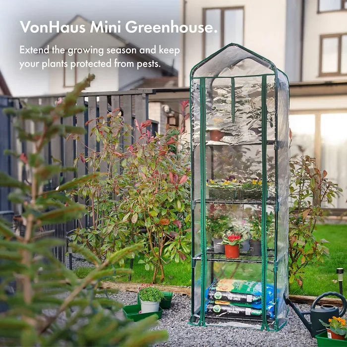 VonHaus 4 Tier Mini Plastic PVC Greenhouse, Small Plant House/Grow House for Garden, Roll Up Zip Panel Door, Easy No Tool Assembly