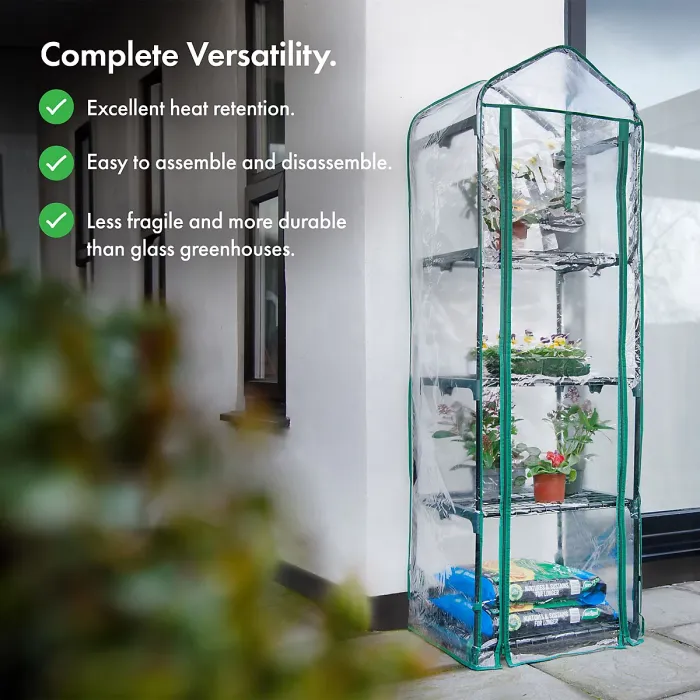 VonHaus 4 Tier Mini Plastic PVC Greenhouse, Small Plant House/Grow House for Garden, Roll Up Zip Panel Door, Easy No Tool Assembly