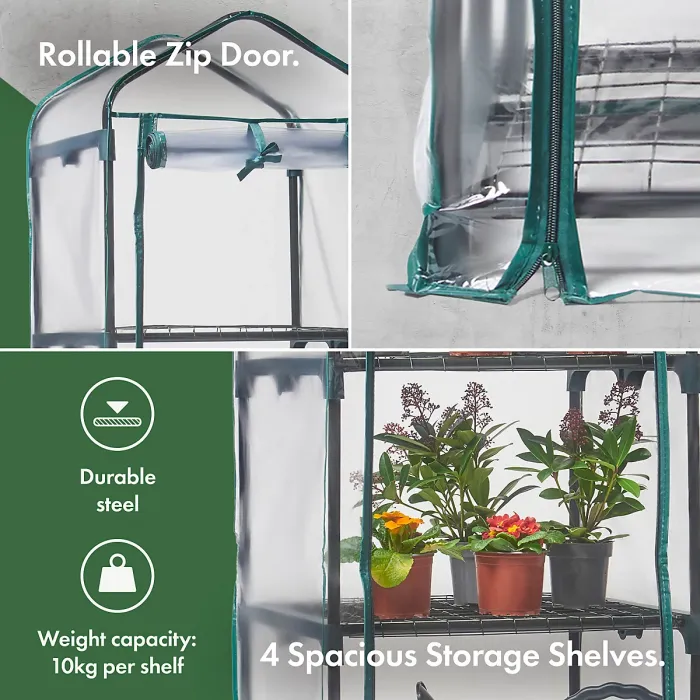 VonHaus 4 Tier Mini Plastic PVC Greenhouse, Small Plant House/Grow House for Garden, Roll Up Zip Panel Door, Easy No Tool Assembly