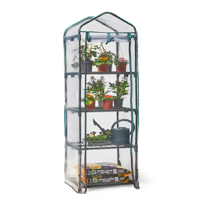 VonHaus 4 Tier Mini Plastic PVC Greenhouse, Small Plant House/Grow House for Garden, Roll Up Zip Panel Door, Easy No Tool Assembly