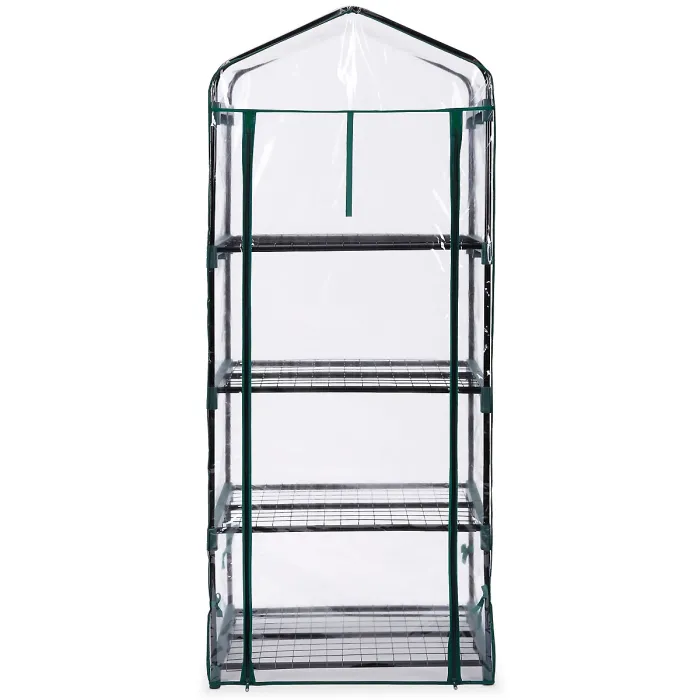 VonHaus 4 Tier Mini Plastic PVC Greenhouse, Small Plant House/Grow House for Garden, Roll Up Zip Panel Door, Easy No Tool Assembly