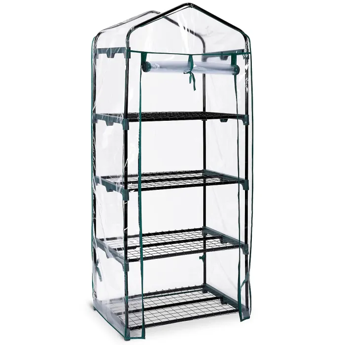 VonHaus 4 Tier Mini Plastic PVC Greenhouse, Small Plant House/Grow House for Garden, Roll Up Zip Panel Door, Easy No Tool Assembly