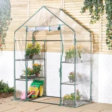 VonHaus Walk In Greenhouse, Compact Green House w/ 6 Shelves and Weatherproof PVC Plastic Cover, Plant House/Grow House for garden