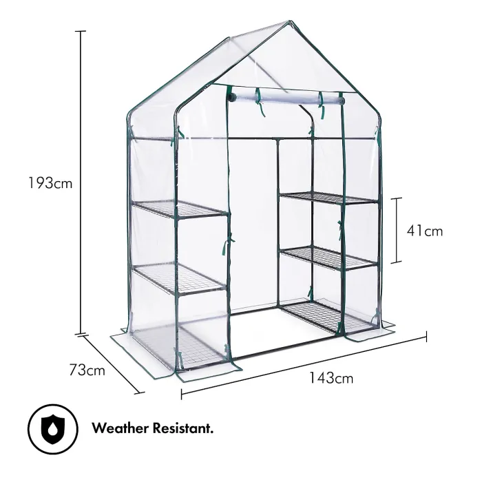VonHaus Walk In Greenhouse, Compact Green House w/ 6 Shelves and Weatherproof PVC Plastic Cover, Plant House/Grow House for garden