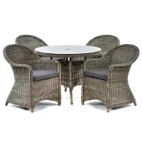 LeisureBench Regent Rattan Luxury 4 Seat Round Glass Table and 4 Arm Chairs Set Dark Grey Cushions Included