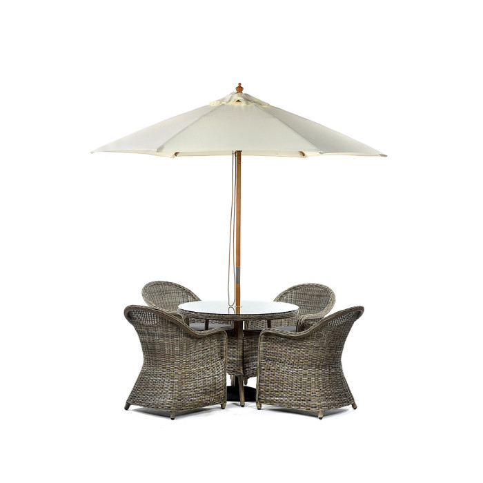 LeisureBench Regent Rattan Luxury 4 Seat Round Glass Table and 4 Arm Chairs Set Dark Grey Cushions Included