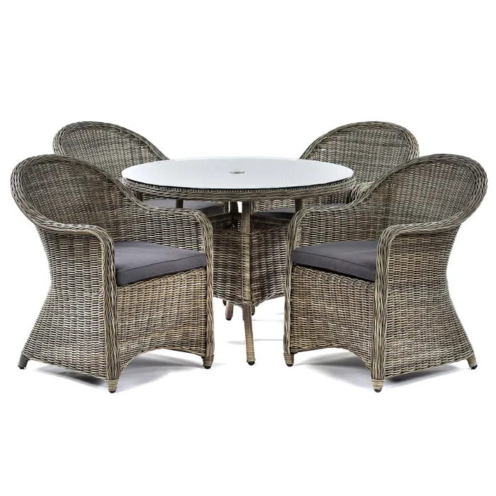LeisureBench Regent Rattan Luxury 4 Seat Round Glass Table and 4 Arm Chairs Set Dark Grey Cushions Included
