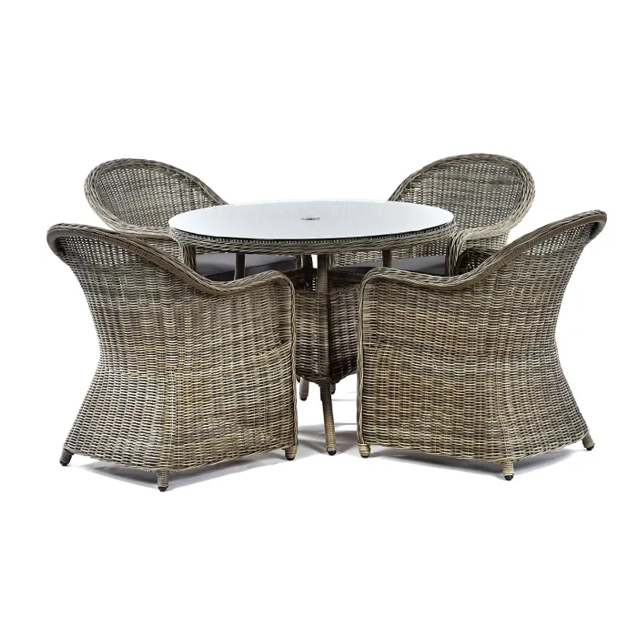 LeisureBench Regent Rattan Luxury 4 Seat Round Glass Table and 4 Arm Chairs Set Dark Grey Cushions Included