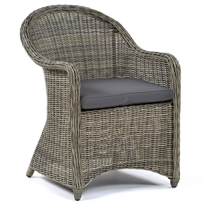 LeisureBench Regent Rattan Luxury 4 Seat Round Glass Table and 4 Arm Chairs Set Dark Grey Cushions Included