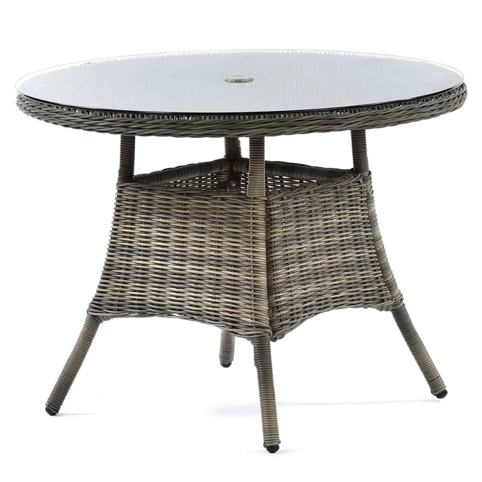 LeisureBench Regent Rattan Luxury 4 Seat Round Glass Table and 4 Arm Chairs Set Dark Grey Cushions Included