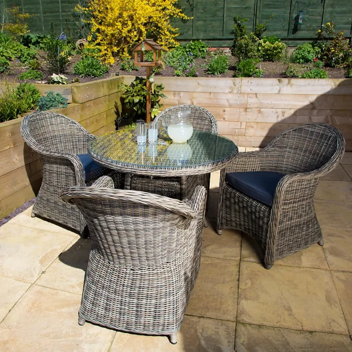 LeisureBench Regent Rattan Luxury 4 Seat Round Glass Table and 4 Arm Chairs Set Dark Grey Cushions Included