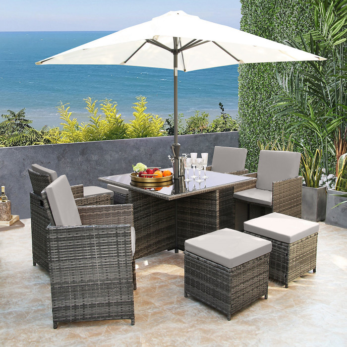 Hera Rattan Cube 8 Seater Dining Garden Patio Set w/ Parasol Hole - Grey