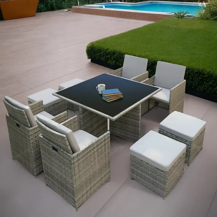 Hera Rattan Cube 8 Seater Dining Garden Patio Set w/ Parasol Hole - Grey