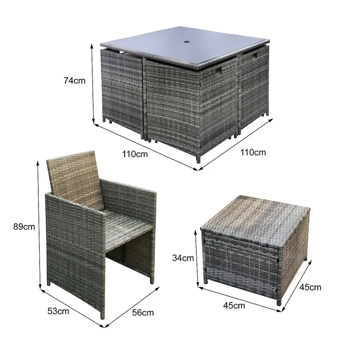 Hera Rattan Cube 8 Seater Dining Garden Patio Set w/ Parasol Hole - Grey