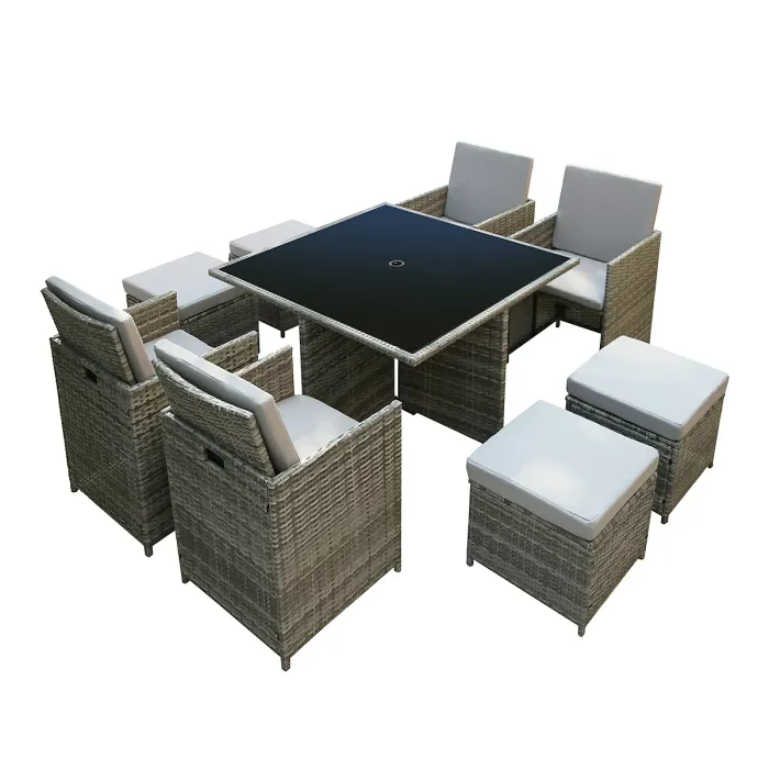 Hera Rattan Cube 8 Seater Dining Garden Patio Set w/ Parasol Hole - Grey