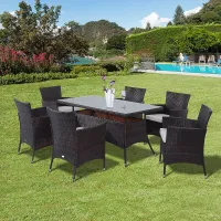 Outsunny Rattan Dining Set for 6 with Cushions, Glass Top Table, Brown
