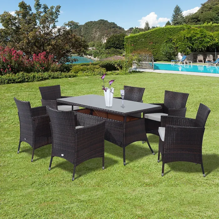 Outsunny Rattan Dining Set for 6 with Cushions, Glass Top Table, Brown