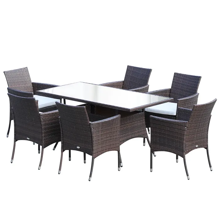 Outsunny Rattan Dining Set for 6 with Cushions, Glass Top Table, Brown
