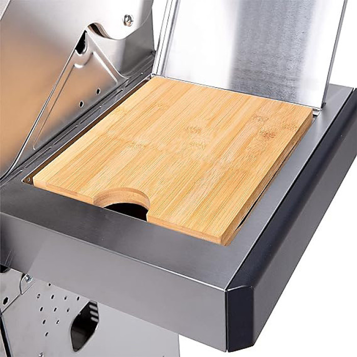 CosmoGrill Stainless Steel Side Table,Bamboo Wooden Cutting Board & Storage- Platinum & Premium Black BBQ