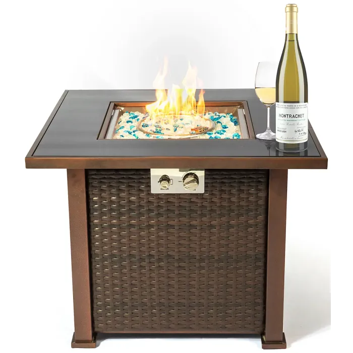 MDA Designs OSTARA Stylish Wicker Garden and Patio Glass Tabletop Fire Pit