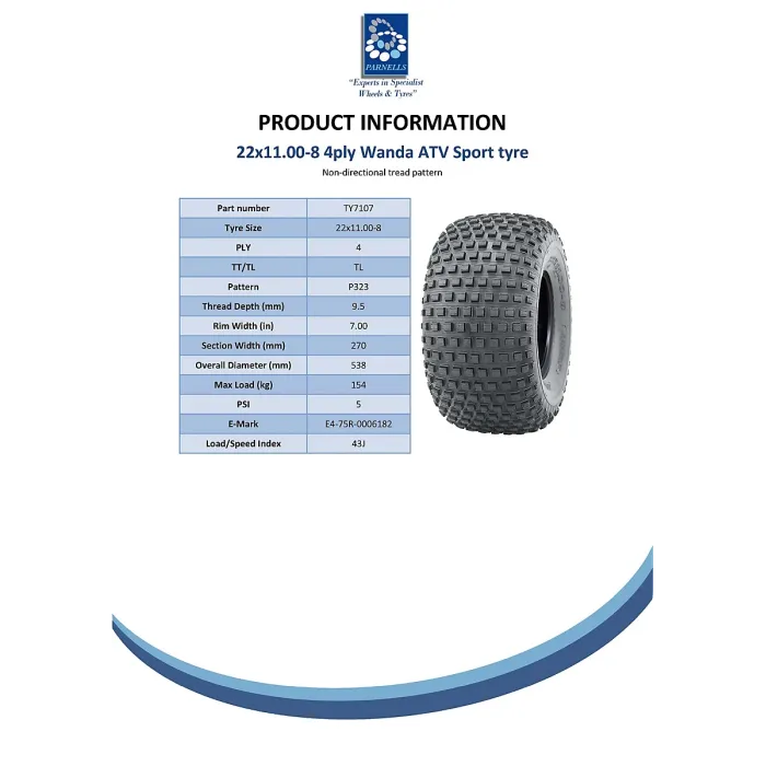 22x11.00-8 Knobby ATV tyre, Quad trailer tyre 22 11 8 tire 4ply Wanda heavy duty