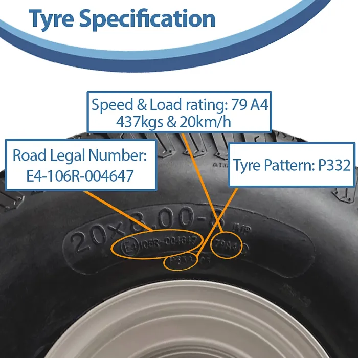 20x8.00-8 Lawnmower Grass Wheels P332 Road Legal 4 Inch PCD Rim 437kg (Set of 2)