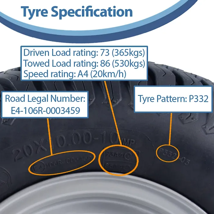 20x10.00-10 Lawnmower Wheel & Rim 4ply Grass Tyre P332 Road Legal 4 Inch PCD Rim