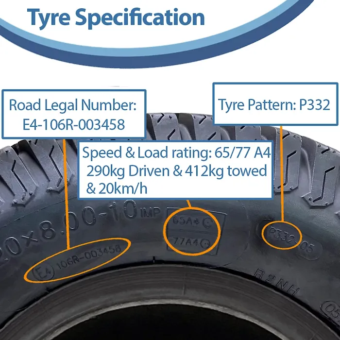 20x8.00-10 Lawnmower Grass Turf Tyre Wanda P332 Tubeless E-Marked Road Legal A4