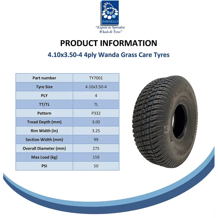 4.10/3.50-4 Lawnmower Grass Multi Turf Tyre 4ply Tubeless Wanda P332 Load 160kgs