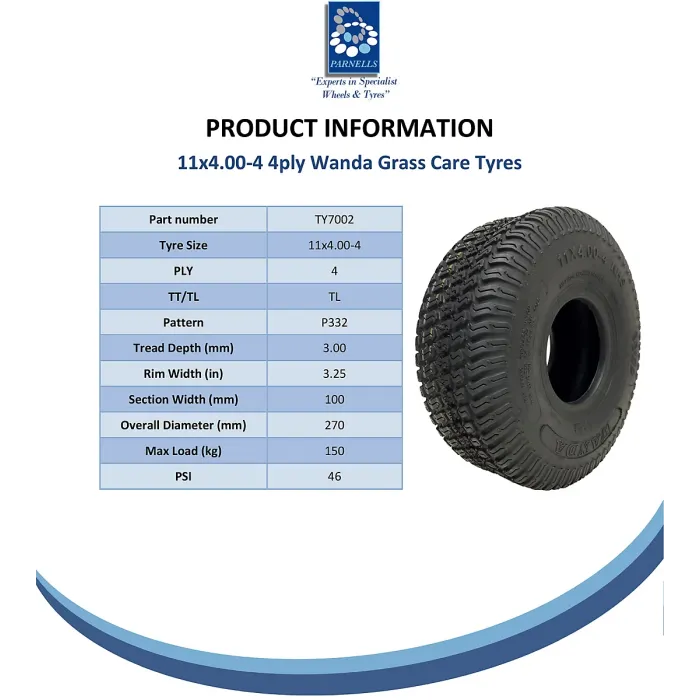 11x4.00-4 Lawn Mower Tyres 4ply Multi Turf Ride on Mower Grass Wanda (Set of 2)