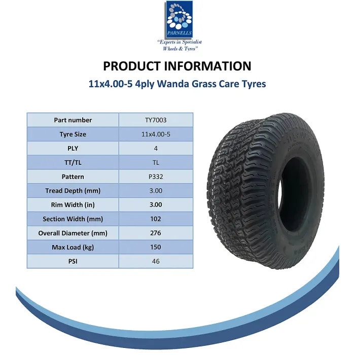 11x4.00-5 Lawnmower Grass Multi Turf Tyre 4ply Tubeless Wanda P332 Pattern 150kg