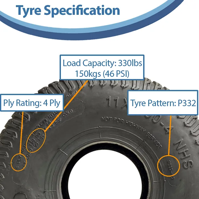 11x4.00-4 Lawnmower Grass Multi Turf Tyre 4ply Tubeless Wanda P332 Pattern 145kg