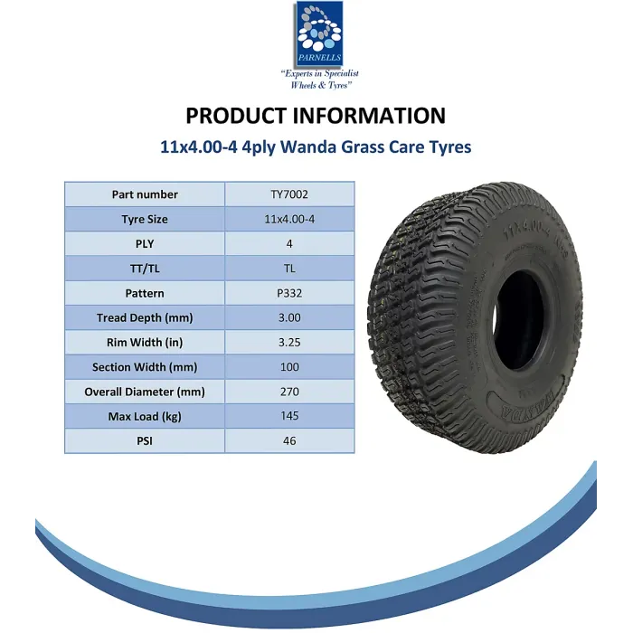 11x4.00-4 Lawnmower Grass Multi Turf Tyre 4ply Tubeless Wanda P332 Pattern 145kg