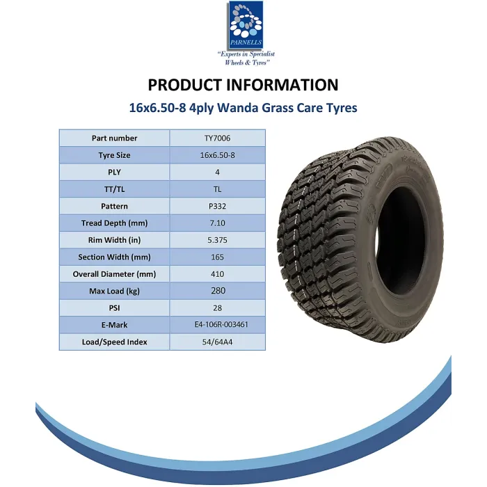16x6.50-8 Lawnmower Tyres 4ply Turf Grass Wanda P332 Road Legal 280kg (Set of 2)
