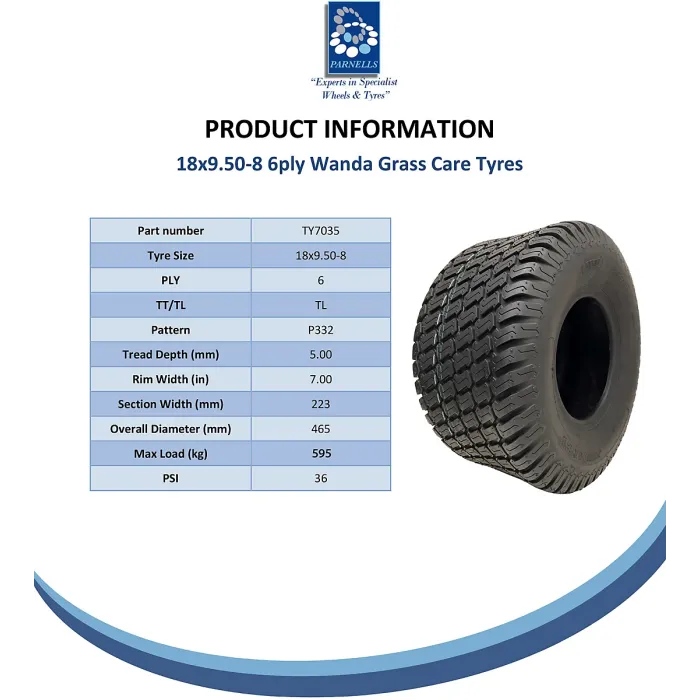 18x9.50-8 Lawnmower Grass Multi Turf Tyres 6ply Tubeless Wanda P332 (Set of 4)