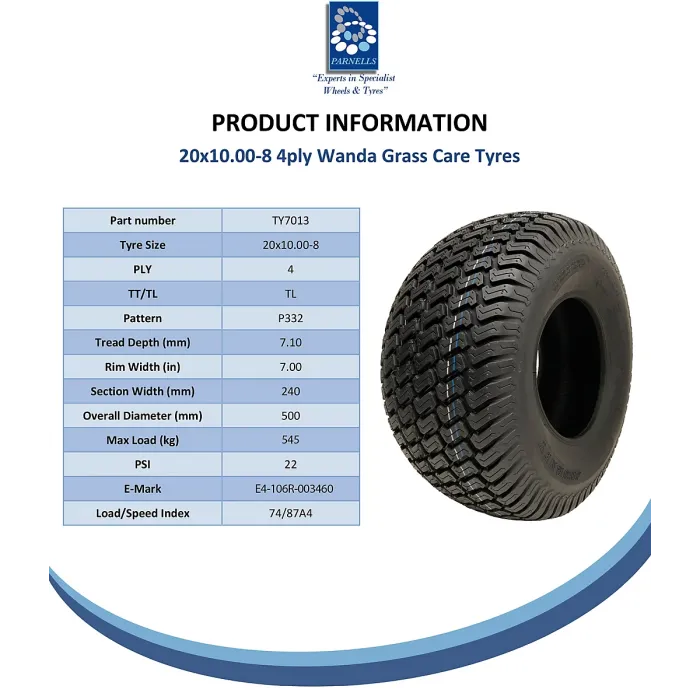 20x10.00-8 Lawnmower Grass Turf Tyres 4ply Wanda P332 Road Legal (Set of 4)
