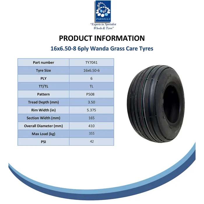 16x6.50-8 Multi Rib Turf Lawnmower Tyre 6ply Hay Bob Turner Hay Rake Wanda P508A